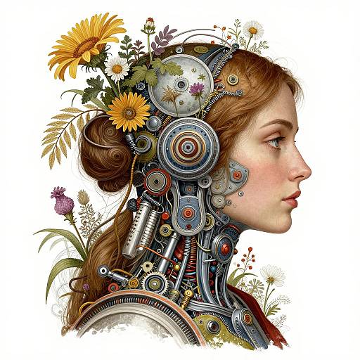 Digital art of a profile view of a young woman with mechanical gears and flowers in her hair, blending human and machine elements, in vivid colors.