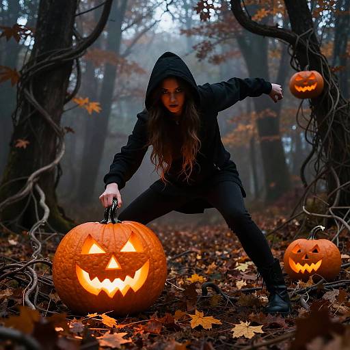 Glowing Jack O'Lantern in Eerie Forest