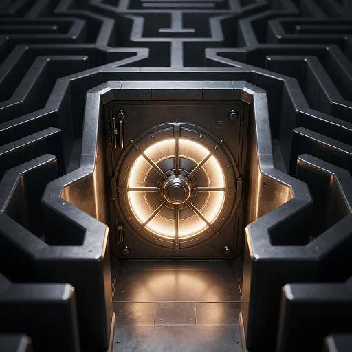 Futuristic Metallic Maze with Glowing Vault Door