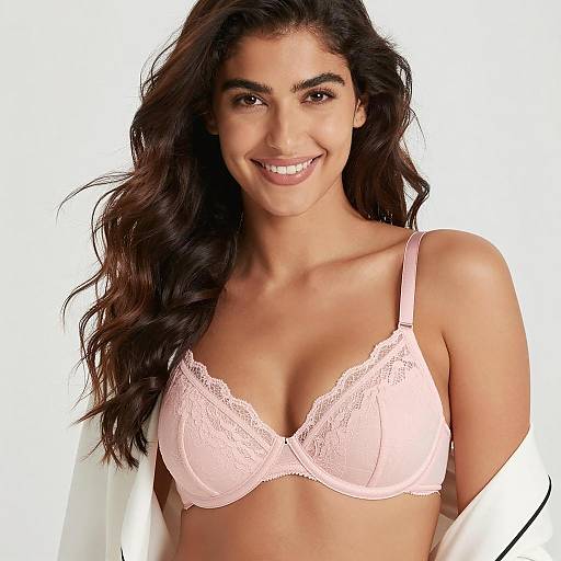 Smiling Woman in Pink Lace Bra