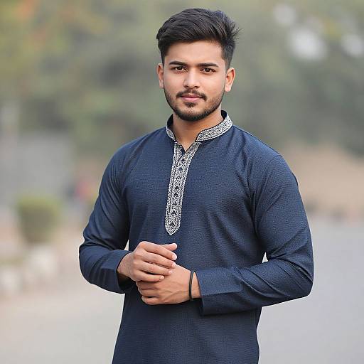 Photograph of a handsome young South Asian man with short black hair, trimmed beard, and medium skin tone, wearing a dark blue, long-slee