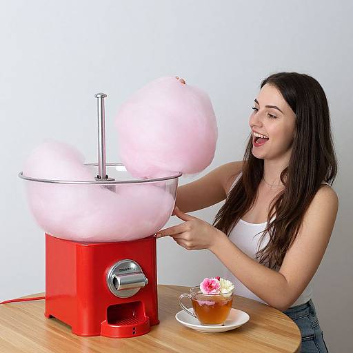 Photograph of a smiling brunette woman in a white tank top using a red retro ice cream maker, with a cup of pink and white ice cream on