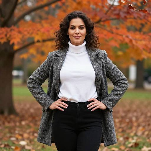 Photograph of a confident, curly-haired woman in a white turtleneck, black pants, and gray herringbone blazer, standing against an