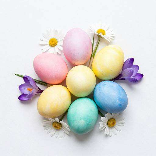 Photograph of colorful pastel Easter eggs surrounded by purple crocuses, white daisies, and yellow centers on a white background.