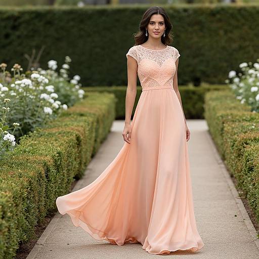 Photograph of a brunette woman in a floor-length, peach lace and chiffon gown, walking down a garden path lined with manicured hedges and