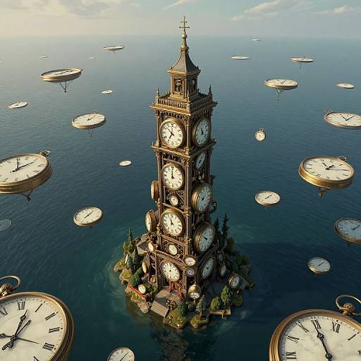 Photorealistic CGI of a Victorian clock tower floating on a calm ocean, surrounded by numerous floating, disconnected clock faces.