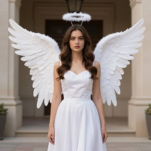 Photograph of a young woman with long brown hair, wearing a white angelic dress and large white feather wings, halo above head, standing in front