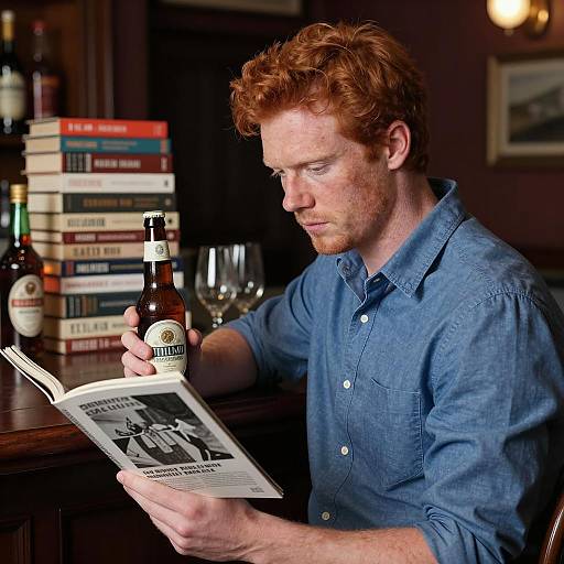 Red-haired Man Reading at Bar with Beer