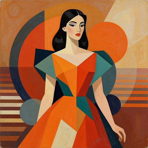 Bold, geometric painting of a fair-skinned woman with black hair in an orange and green dress, set against abstract red and black circles.
