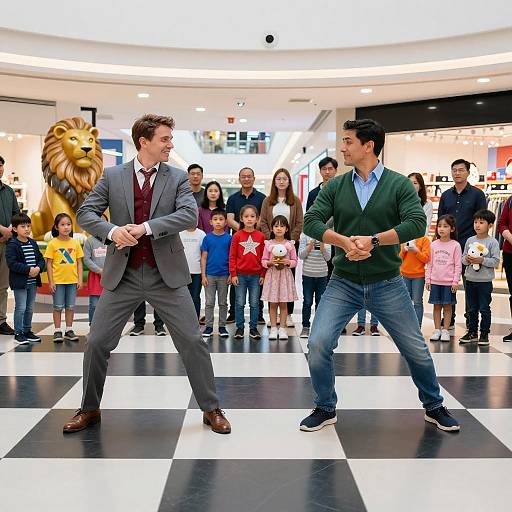 Two Men Dancing in Shopping Mall with Audience