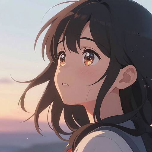 Anime-style digital drawing of a young girl with long black hair, large brown eyes, and a soft expression, gazing at a sunset. She wears