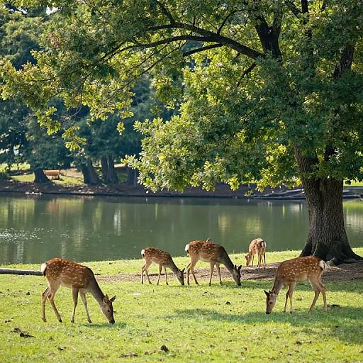 Photograph of six deer grazing under a large tree by a serene lake, with lush green grass and sunlight filtering through the leaves.