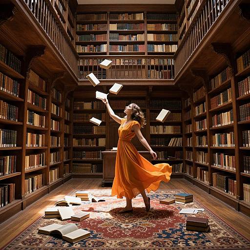 Photograph of a woman in an orange dress, dancing amidst floating books in a wooden, multi-tiered library with scattered open books on a patterned