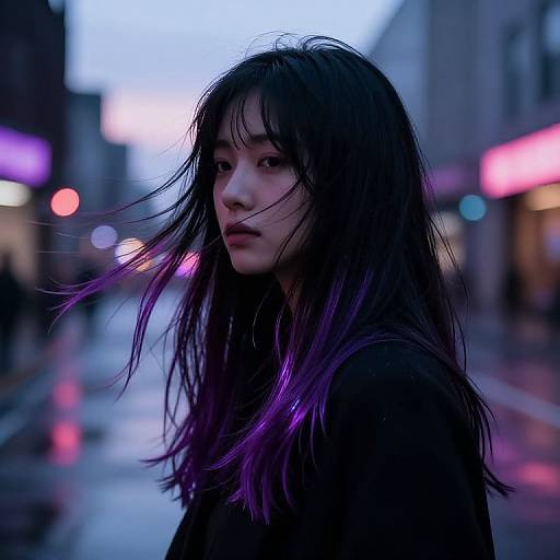 Photograph of an Asian woman with long, wind-swept black and purple hair, standing on a rainy urban street at dusk, surrounded by blurred