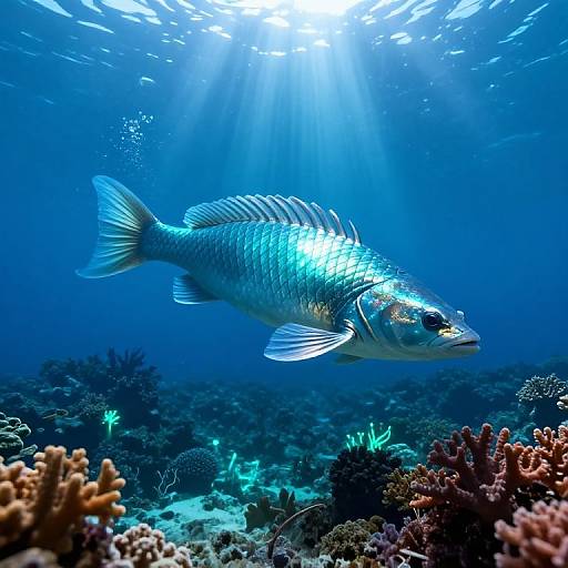 Photograph of a shimmering blue fish with iridescent scales swimming above a vibrant underwater coral reef, illuminated by sunlight filtering through clear, blue ocean