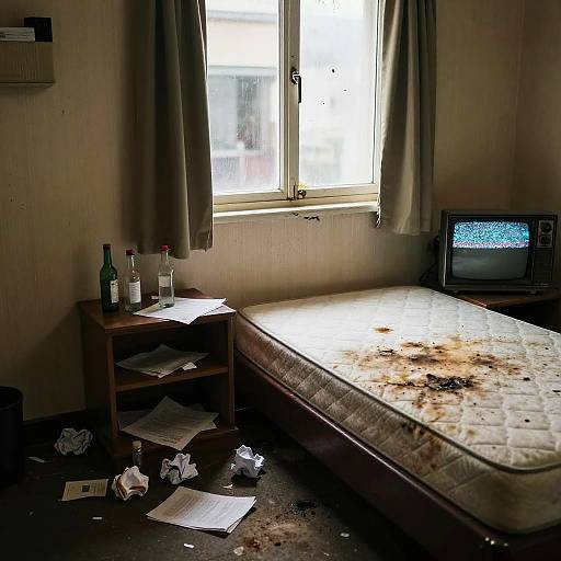 Grimy Hotel Room with Cluttered Nightstand