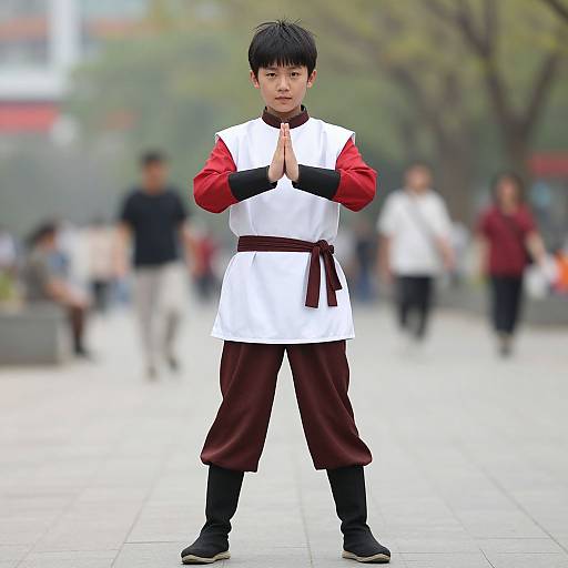Photograph of an Asian boy in martial arts attire, standing with hands in prayer pose, blurred background, city park setting.