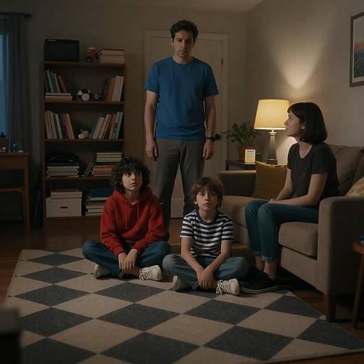 Dimly Lit Family in Cluttered Living Room