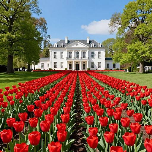 Photograph of a grand white mansion with black shutters, flanked by lush green trees, and vibrant red tulip rows stretching towards the front.