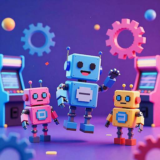 Quirky Robots in Neon Arcade