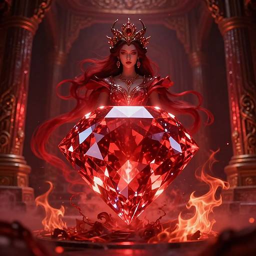 Digital artwork of a dark-haired queen with a fiery red diamond crown and gem-encrusted dress, standing in an ornate, fiery red-l