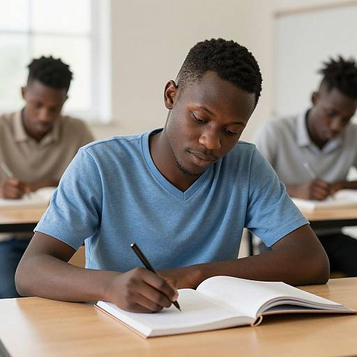 Photograph of a focused Black teenage boy in a light blue shirt writing in an open notebook at a classroom desk, with two blurred classmates in the background