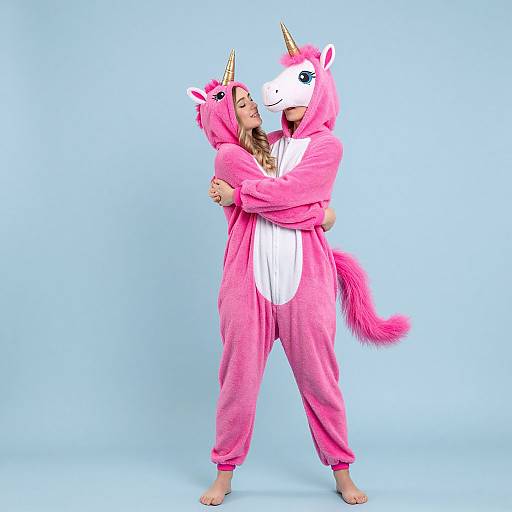 Photograph of two people in pink unicorn onesies, with white faces and golden horns, hugging against a light blue background.