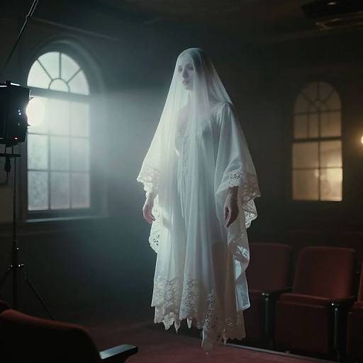 Photograph of a ghostly figure in a white, lace-trimmed robe and veil, illuminated by soft light in a dimly lit, vintage