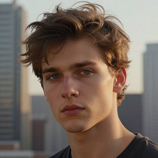 Photograph of a young, fair-skinned, brown-haired man with blue eyes, slight stubble, and a serious expression, against a blurred urban