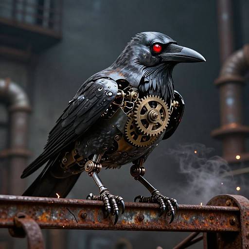 Cybernetic crow with glowing red eye, black feathers, and mechanical gears, perched on rusted metal bar, smoky background, industrial