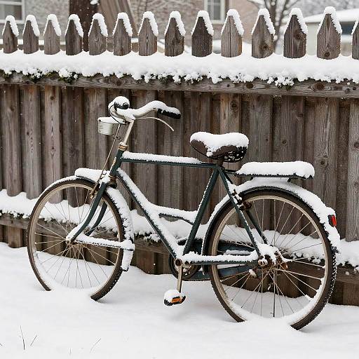 Vintage Bicycle Covered in Snow by Wooden Fence