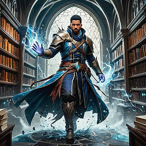 Fantasy Planeswalker Casting Magic in Arcane Library