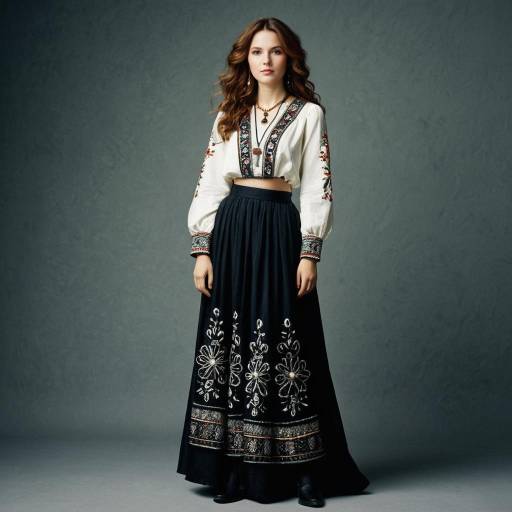 Elegant Woman in Embroidered Folk Skirt and Blouse