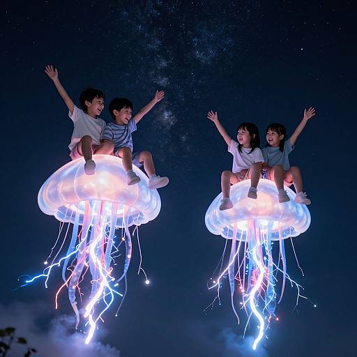 Photograph of two Asian children, one boy and one girl, joyfully floating on glowing jellyfish in a dark, starry night sky.