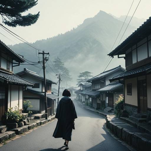 Woman Walking in Foggy Mountain Village