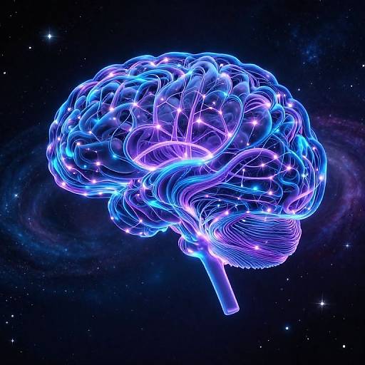 Glowing, neon blue and purple brain illustration with luminous, swirling lines and star-like dots against a dark, cosmic background. Digital art.