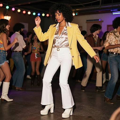 Photograph of a black woman with curly hair, wearing a yellow blazer, white pants, and white platform boots, dancing in a dimly lit