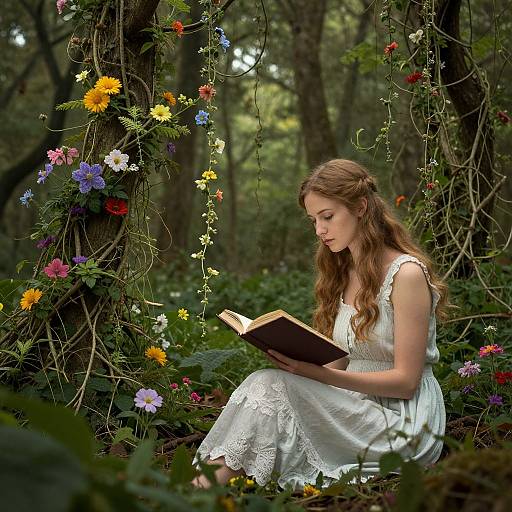 Photograph of a young woman with long, wavy brown hair, wearing a white lace dress, reading a book amidst a forest of colorful wildflowers