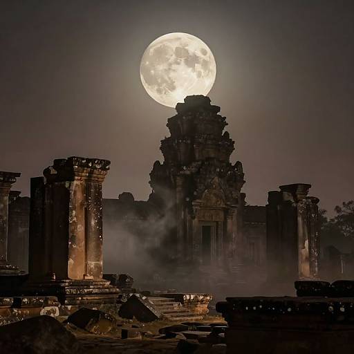 Photograph of ancient, ruined temple silhouetted against a bright full moon, with mist swirling around dark, weathered stone columns.