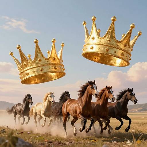 Photograph of galloping horses with varied brown, black, and white coats, chased by two floating, golden, ornate crowns under a