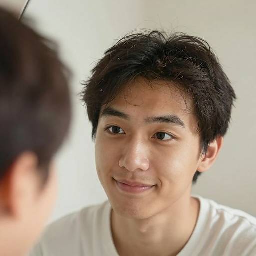 Photograph of a young Asian man with short, black, slightly messy hair, fair skin, and brown eyes, smiling softly at his reflection in a