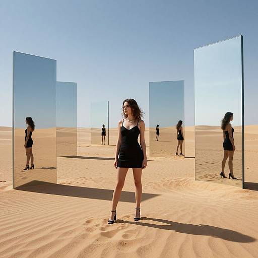 Photograph of a woman in a black dress and heels standing in a desert, surrounded by mirrored panels reflecting her and other figures. Clear blue sky,