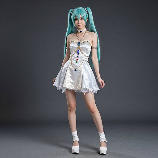 Photograph of a woman with long turquoise pigtails, wearing a white strapless lace dress, blue gem necklace, white ankle socks, and white