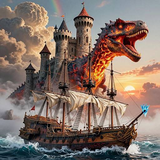 Digital artwork: Fire-breathing dragon atop medieval castle ship sailing turbulent waters, with a rainbow in the cloudy sunset sky.