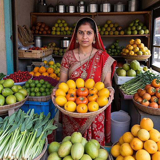 Indian woman in red saree with gold embroidery holds bowl of oranges in vibrant fruit market, surrounded by green limes, tomatoes, and lemons.