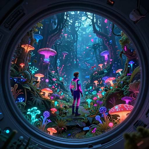 Digital art: A person with a neon backpack stands in a vibrant, glowing forest of colorful bioluminescent mushrooms, viewed through a circular window.