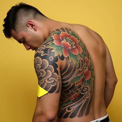 Photograph of a muscular, tan-skinned man with short black hair, showcasing a large, colorful tattoo of flowers and waves on his back against a