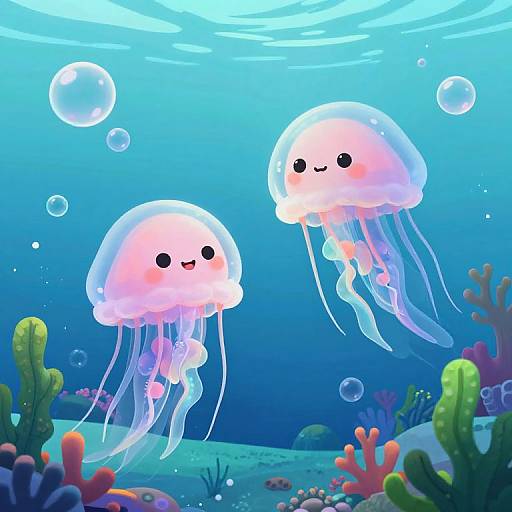 Cute digital illustration of two smiling jellyfish with pink cheeks and black eyes, floating in a vibrant underwater scene with bubbles and colorful coral.