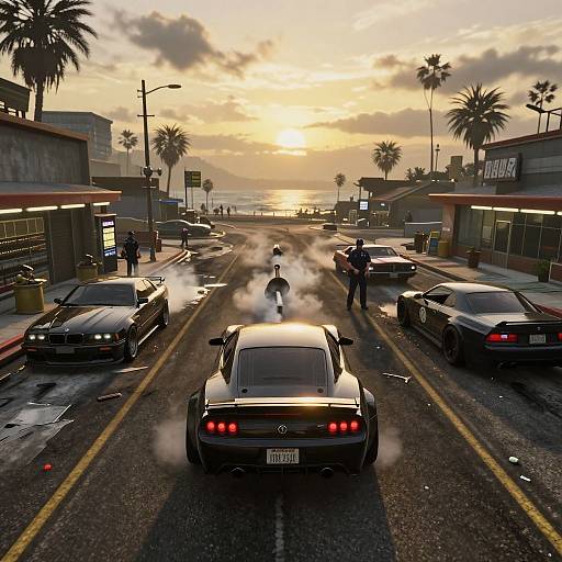 Digital artwork of a sunset street chase: a black Mustang with smoke trails leads police cars down a palm tree-lined street.
