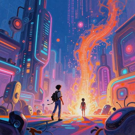 Digital illustration of a neon-lit, futuristic cityscape with two silhouetted figures standing amidst bright orange explosions, surrounded by glowing skyscrapers